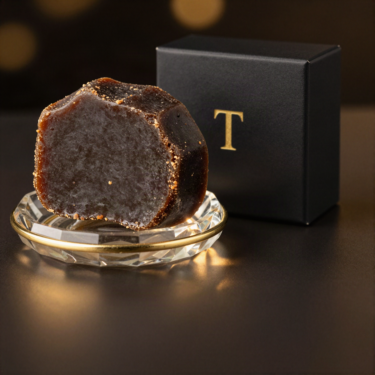 Raw African black soap on a gold-rimmed crystal dish beside a black L'Atelier Trouveur box