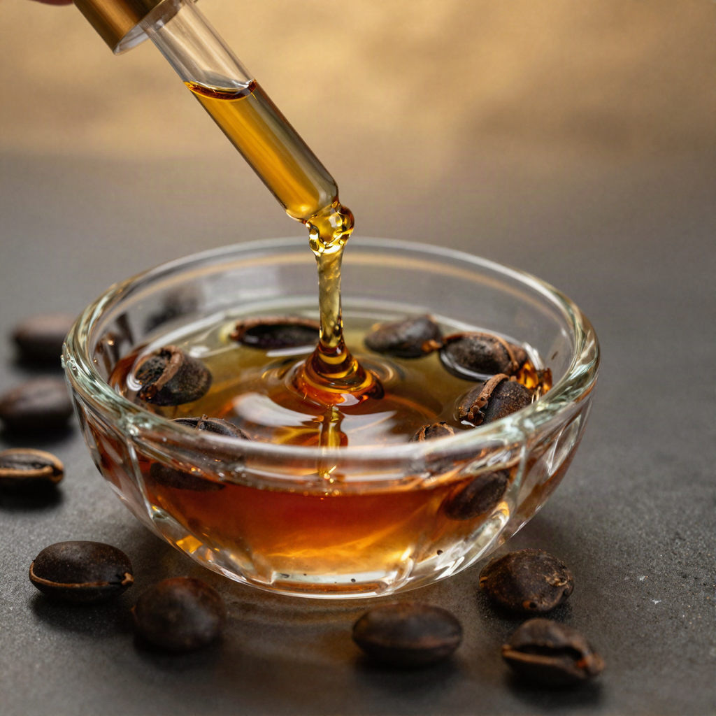Amber castor oil dripping from a gold dropper with roasted castor beans