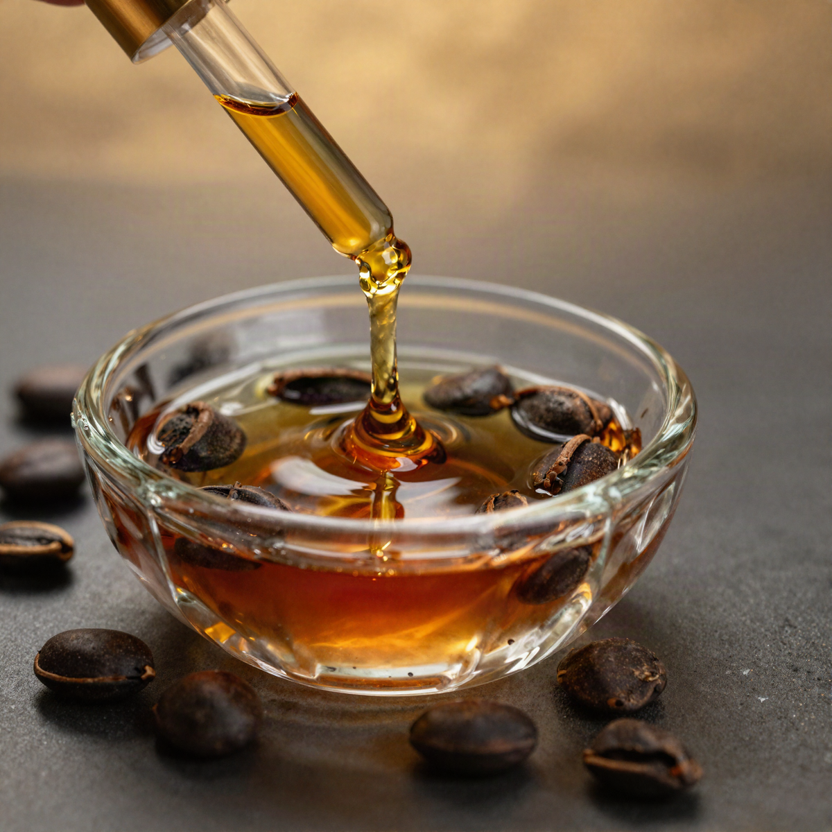 Amber castor oil dripping from a gold dropper with roasted castor beans