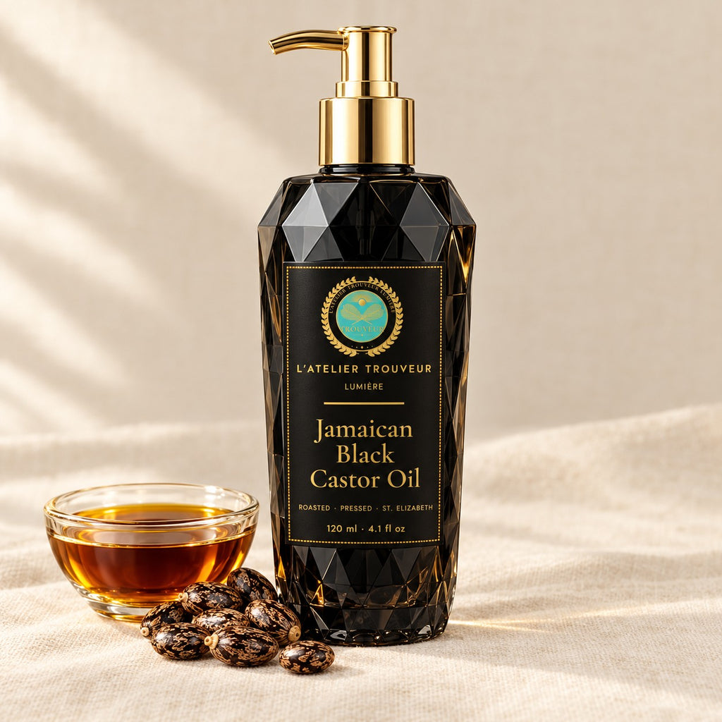 L'Atelier Trouveur Jamaican Black Castor Oil, 120 ml black faceted bottle with gold pump and medallion label