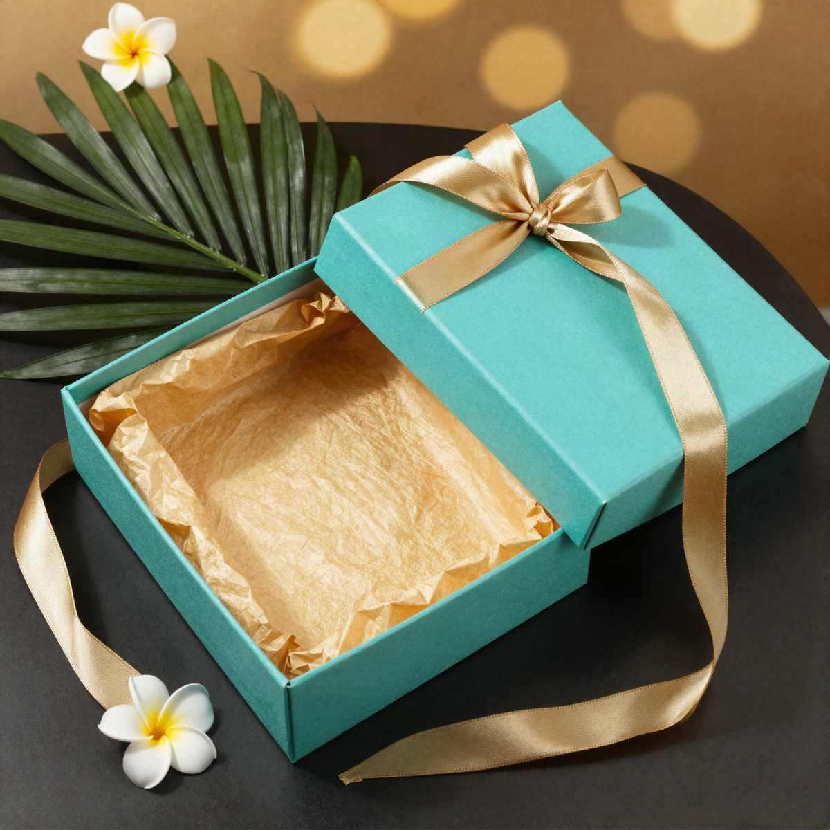 Open turquoise L'Essentiel gift box lined with gold tissue