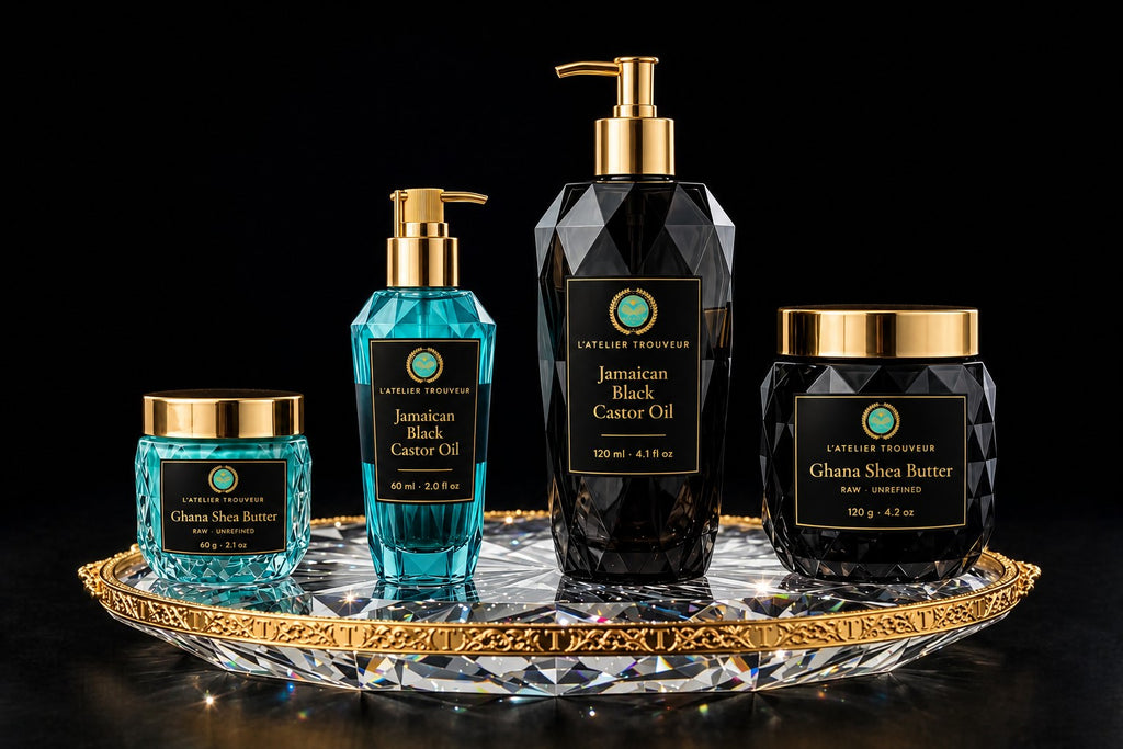Shea butter jars and Jamaican black castor oil bottles with medallion labels on a crystal tray, black background
