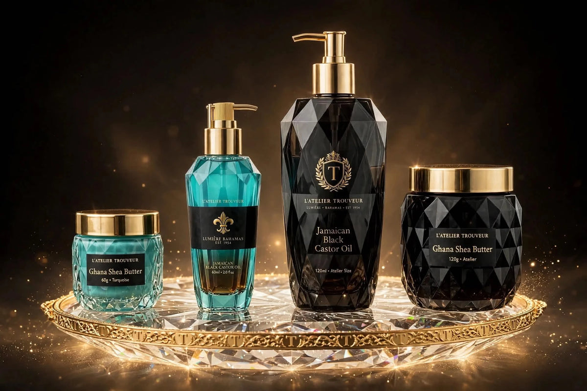 The L'Atelier Trouveur collection glowing on a gold-rimmed crystal tray