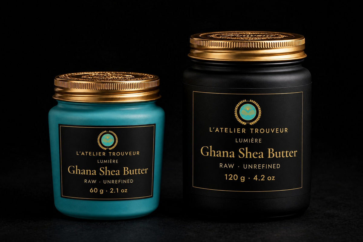 Ghana Shea Butter in 60 g turquoise and 120 g black jars