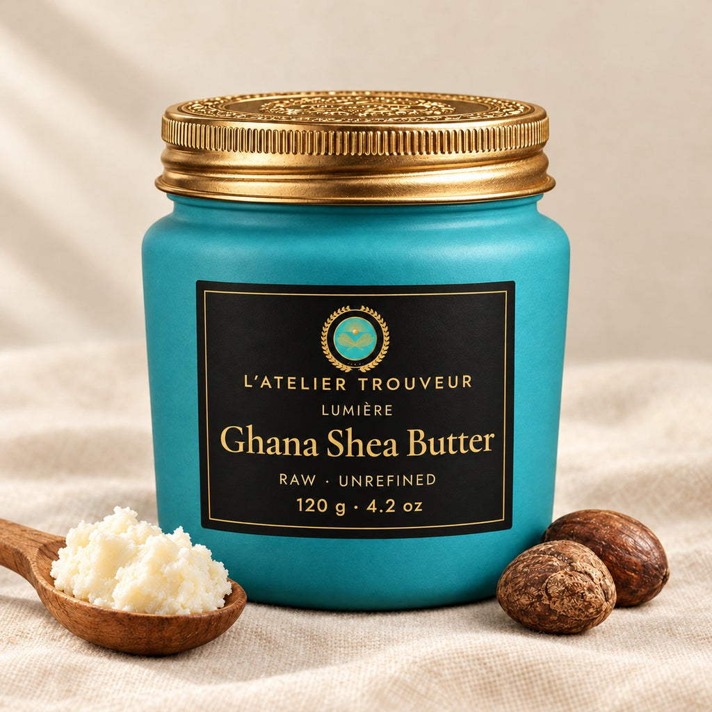 L'Atelier Trouveur Ghana Shea Butter, 120 g turquoise jar with gold lid and medallion label
