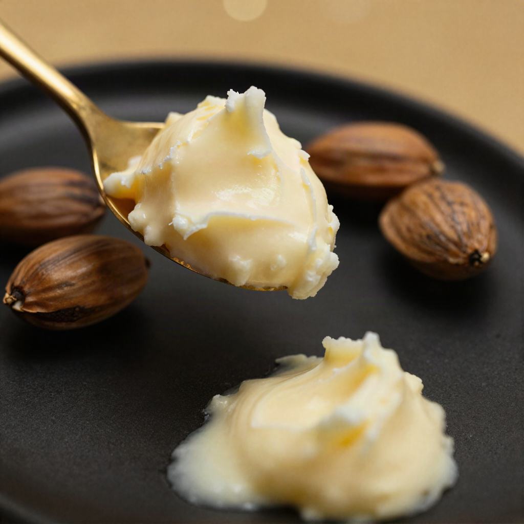 Creamy unrefined shea butter on a gold spoon with whole shea nuts